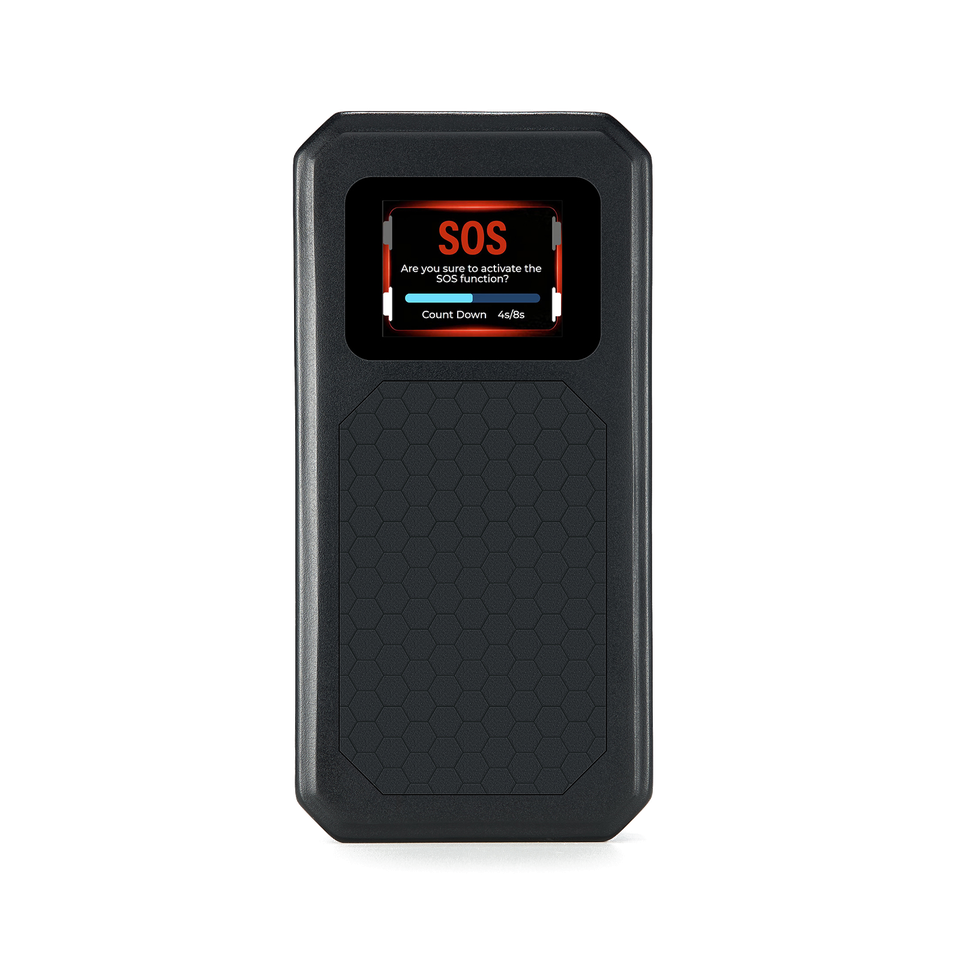 The keliyes device, front view: black textured body with a 2-inch colour screen at the top.
