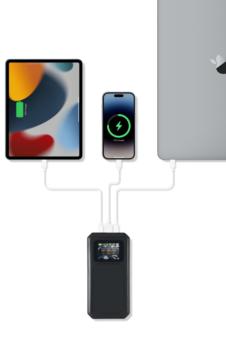 The keliyes device connected by cables to a tablet, a phone and a laptop at the same time.