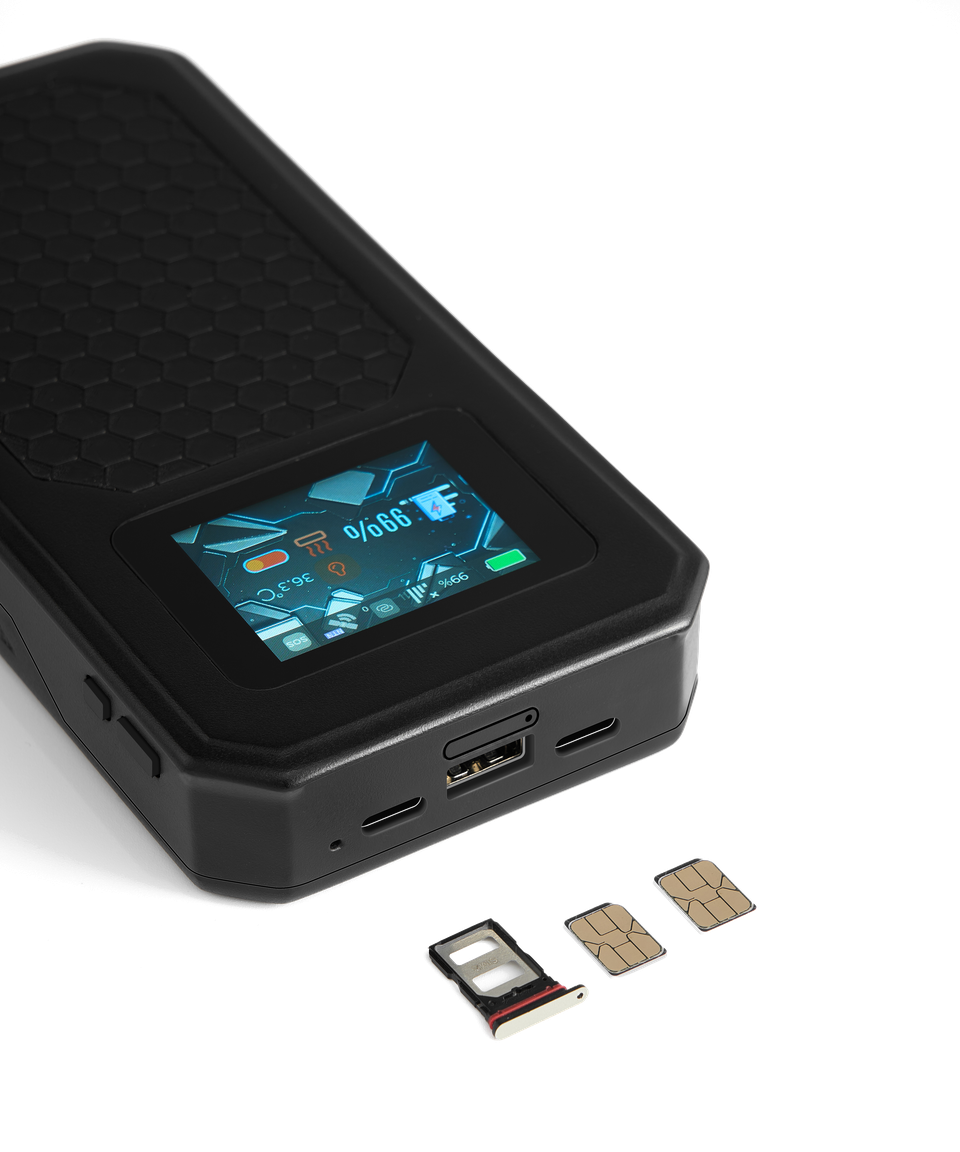 The dual Nano-SIM tray removed from the device, with two SIM cards beside it.