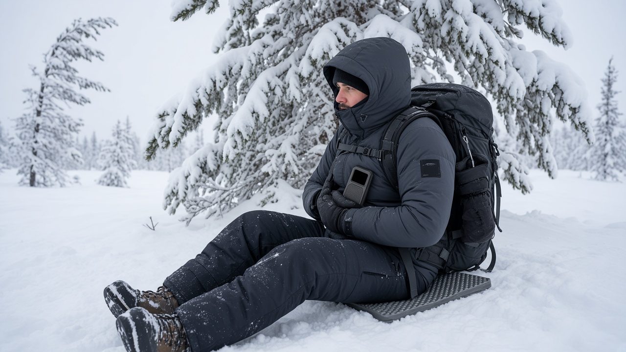 A hiker sits on a pad in the lee of a snow-covered spruce, hood up, hands inside the jacket around the keliyes device.