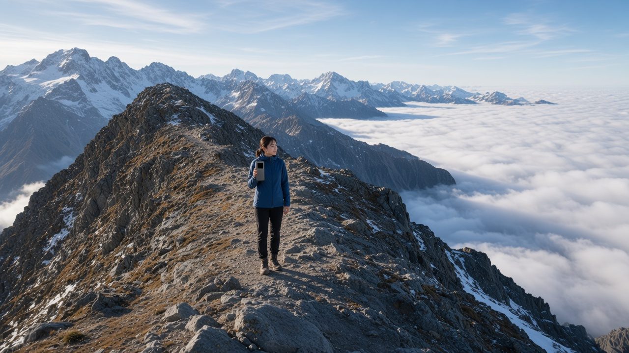 A hiker on an alpine ridge holds the keliyes device in both hands and presses its keys.