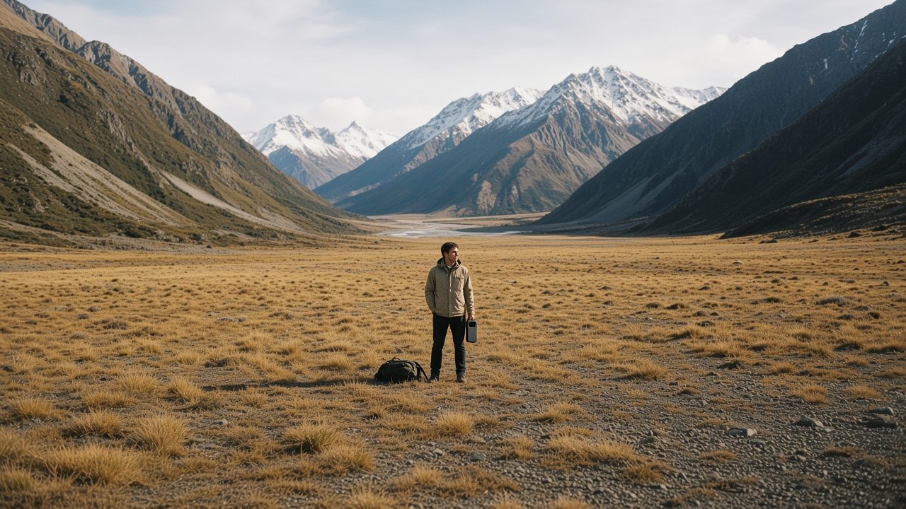 A hiker in a New Zealand valley with the keliyes device charging a camera, phone in hand.